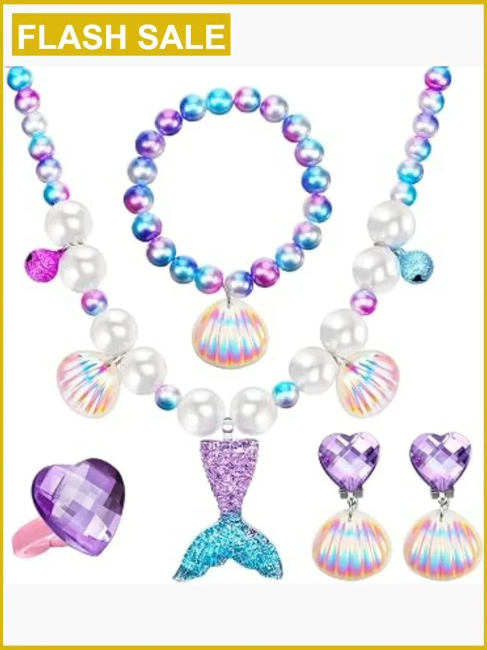 Mermaid Jewelry Set 4 Pcs Necklace Bracelet Ring Earrings for Girls Dress Up